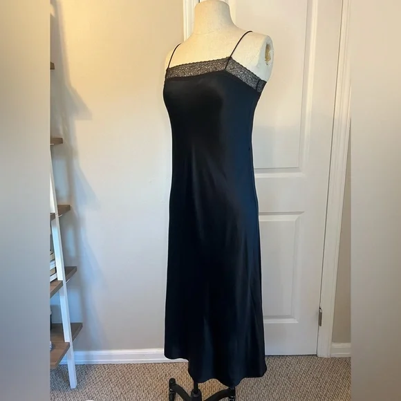Vince | Dresses | Vince Silk Midi Dress Black Xs Lace Trim | Poshmark